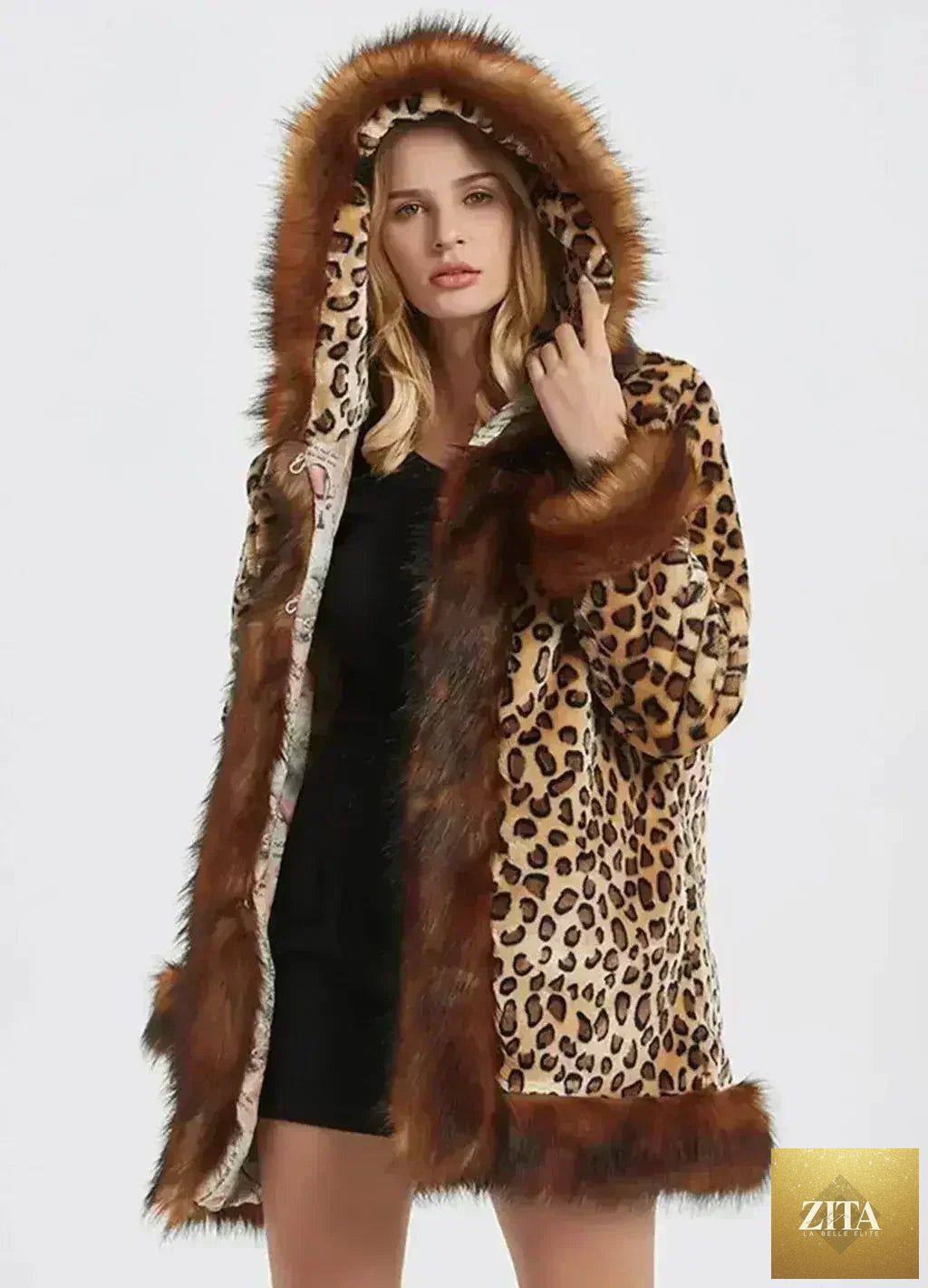 Leopard print faux fur collar jacket by Zita La Belle Elite, stylish coat with animal pattern and cozy collar, available in XS-M.