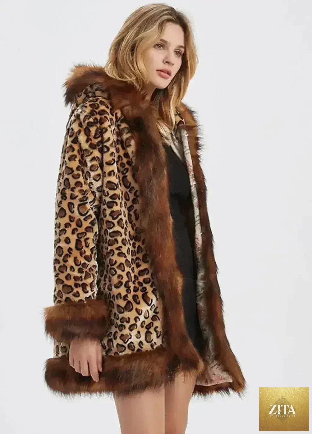 Leopard print faux fur collar coat by Zita La Belle Elite, shown in XS-M size, featuring a stylish animal print jacket with a plush collar.