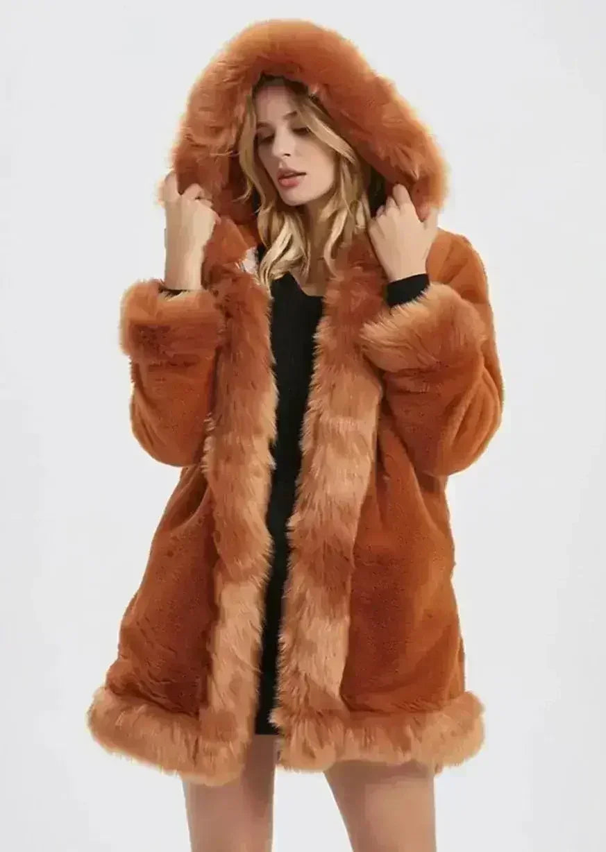 Femstylo faux fur collar jacket, cozy winter coat with plush fur trim, stylish and warm for cold weather.