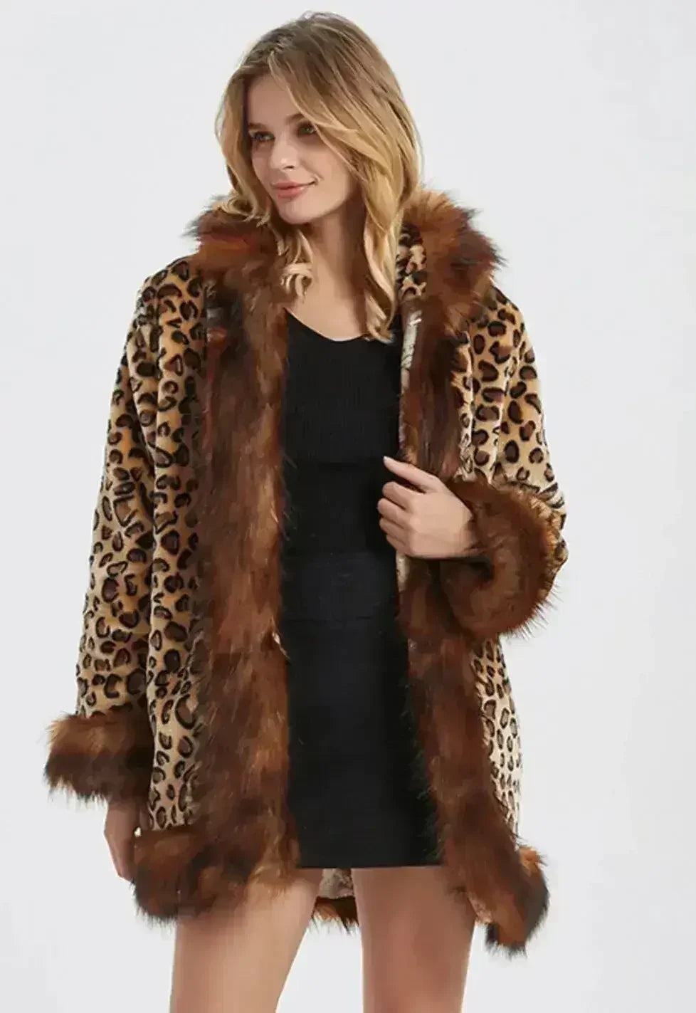 Leopard print jacket with faux fur collar from Femstylo, featuring a stylish coat design in XS-M size.