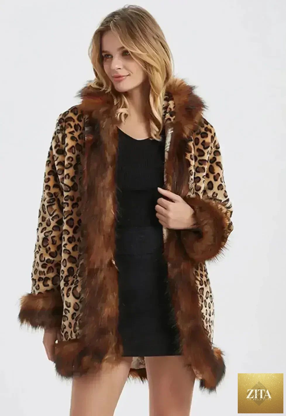 Leopard print faux fur collar jacket by Zita La Belle Elite, stylish coat with a bold animal pattern and cozy collar, size XS-M.