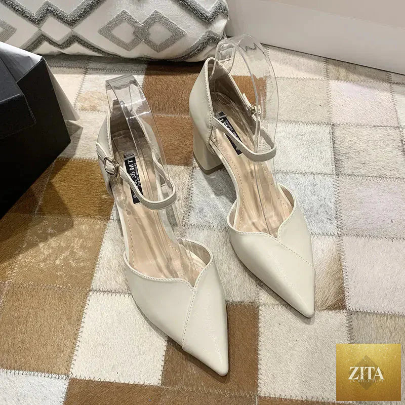 Women’s pointed toe high heels with thick heels, stylish sexy design, from Trendy Attic Store01, suitable for elegant and fashionable outfits.