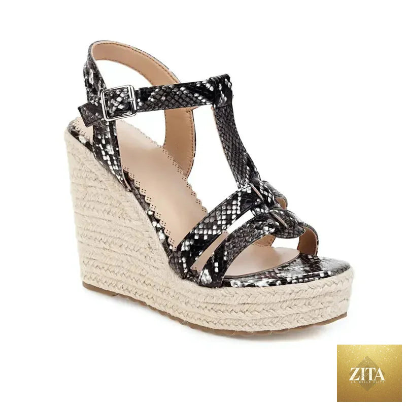 Large snake print wedge platform high heel sandals for women with open toes and ankle straps, stylish Trendy Attic Store01 footwear.