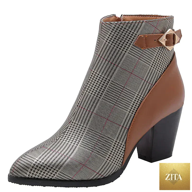 Women's high heel short boots with thick heels in black leather, stylish and versatile footwear from Trendy Attic Store01