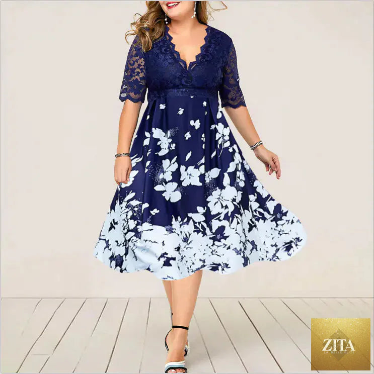 Plus size elegant blue lace summer evening dress for women, featuring intricate lace details and a flowing silhouette.