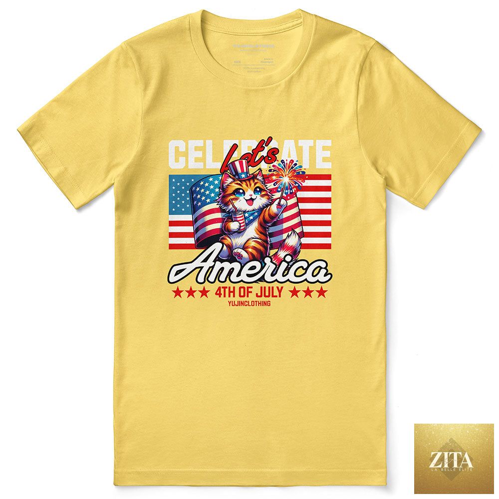 Yellow Celebrate 4th July Cat T-Shirt by Zita La Belle Elite, featuring festive patriotic cat design on soft cotton fabric.