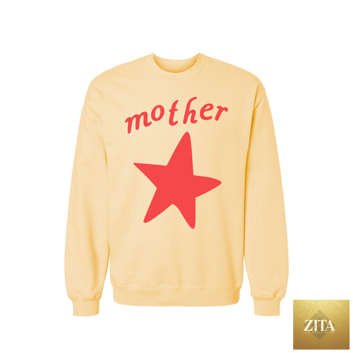 Yellow sweatshirt with a Mother Star graphic design, by Hey Jude Graphic Tees, featuring a vibrant star illustration.