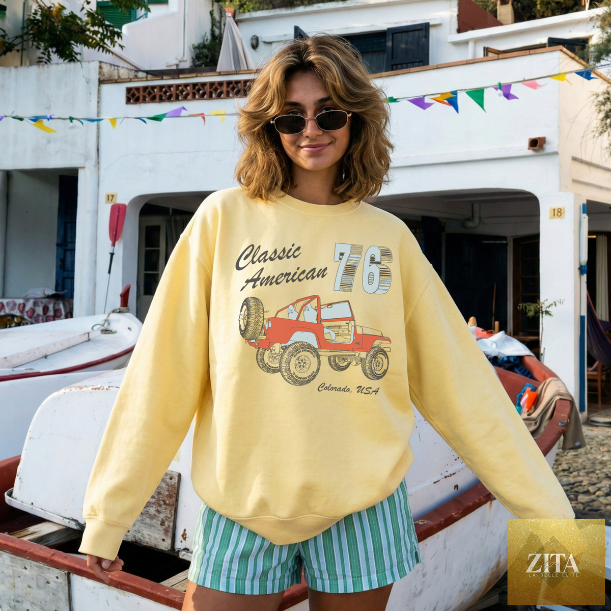 Yellow American 76 Jeep sweatshirt by Hey Jude Graphic Tees featuring vintage patriotic design and classic crewneck style.