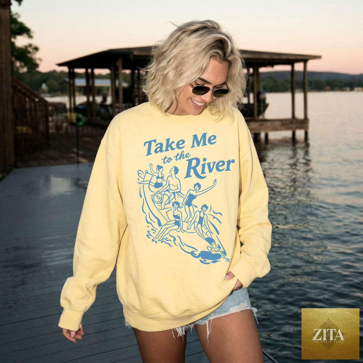 Yellow Take Me to the River sweatshirt by Hey Jude Graphic Tees featuring a vibrant river design on soft fabric.