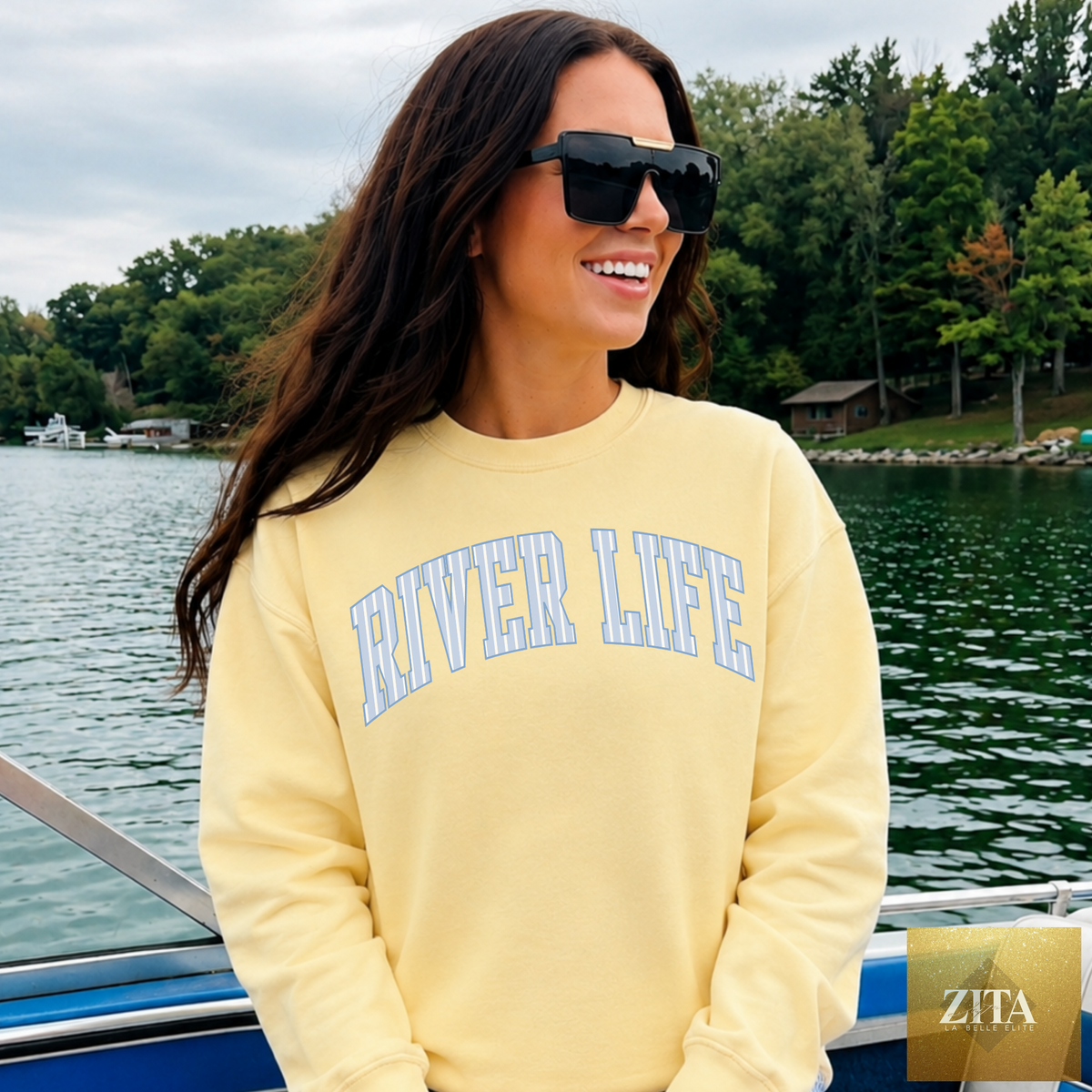 Yellow River Life sweatshirt with graphic print and crewneck, casual style from Hey Jude Graphic Tees.