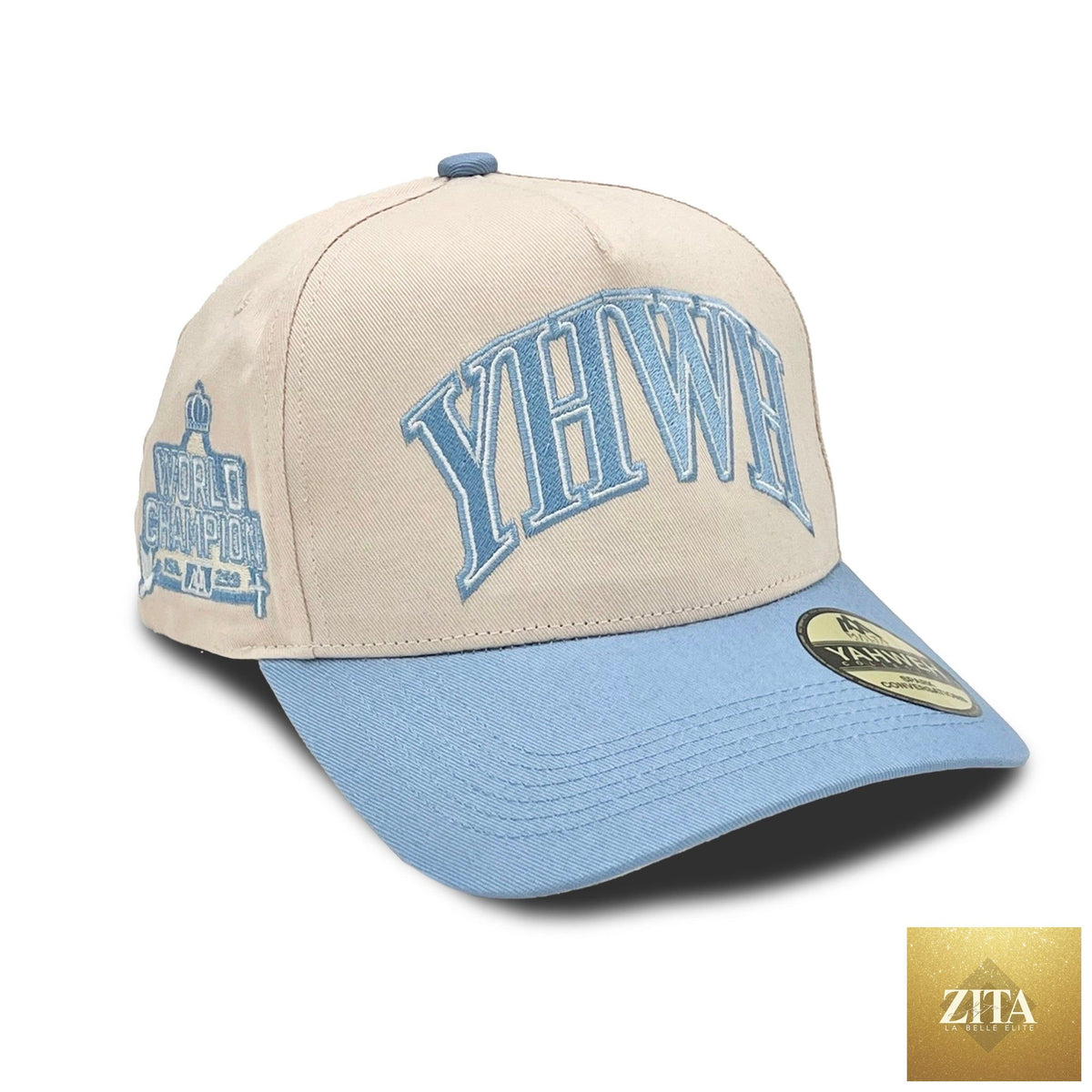 Cream and baby blue Malta Apparel YHWH structured snapback cap with a flat brim and embroidered front logo.