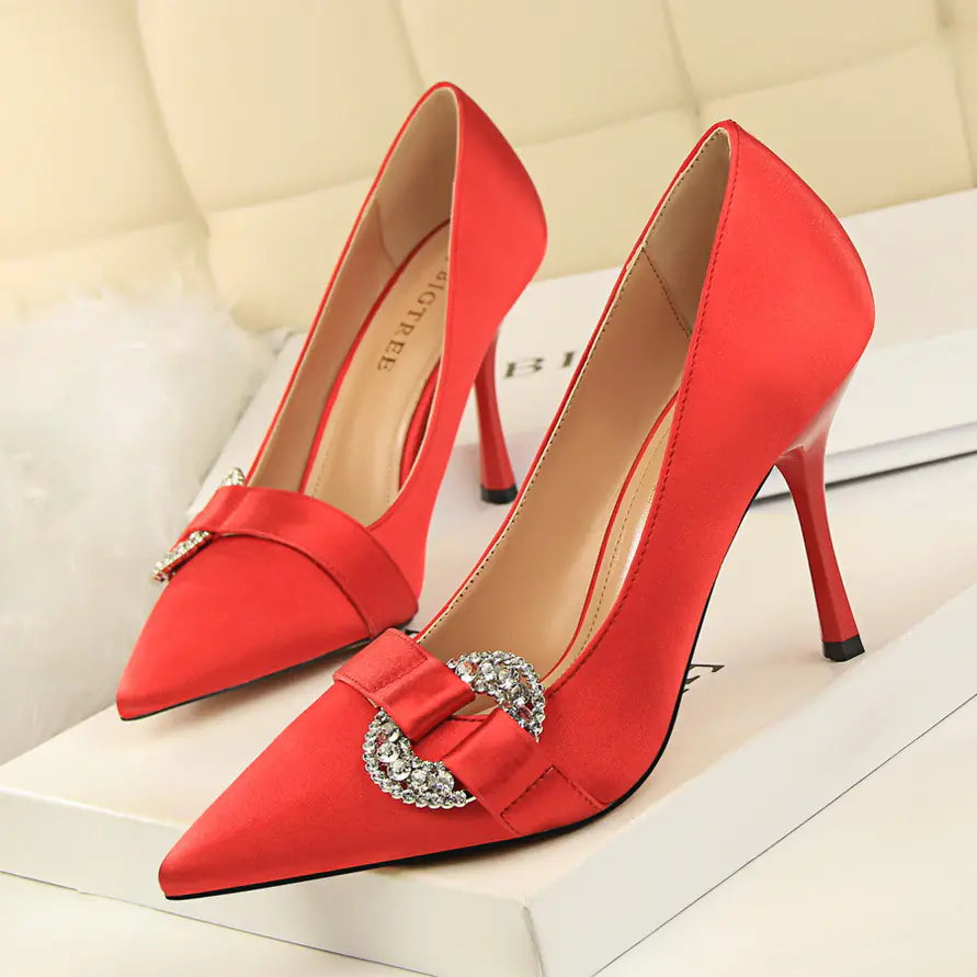 Women satin pointed toe high heel shoes with rhinestone buckle, stylish footwear by Trendy Attic Store01