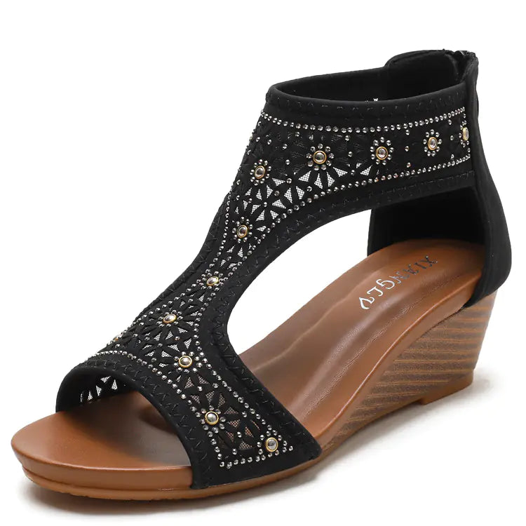 Bohemian women's summer wedge heel sandals with ankle straps and woven design, stylish footwear by Trendy Attic Store01.