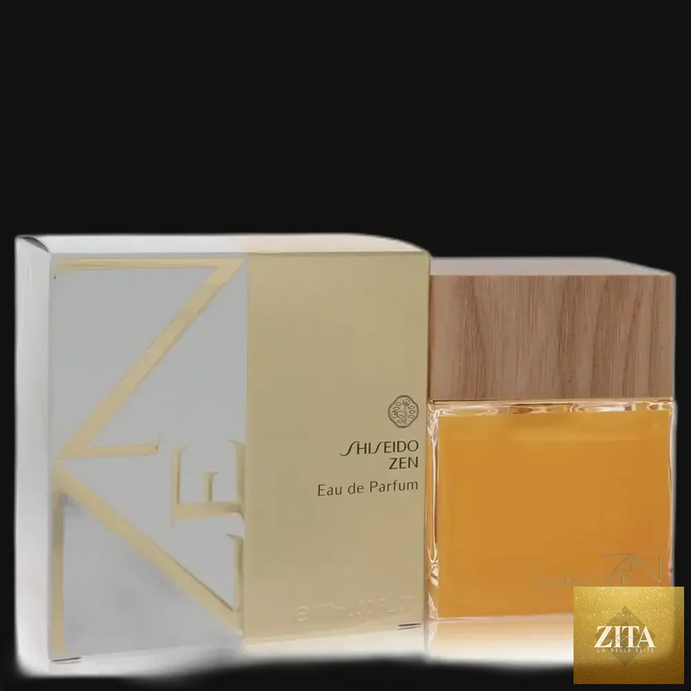 Zen by Shiseido women's perfume 3.4 oz Eau de Parfum spray bottle with elegant packaging and floral accents.