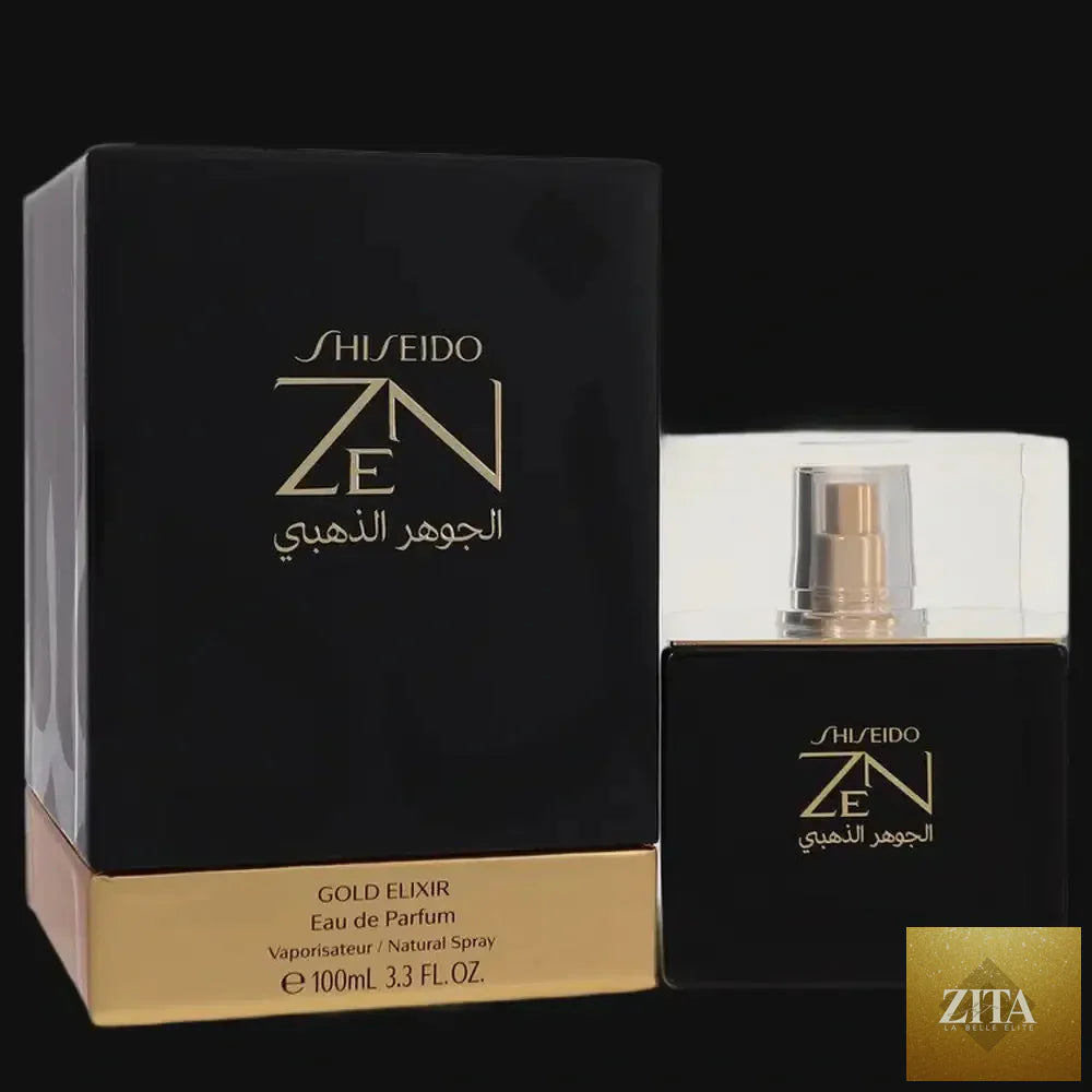 Shiseido Zen Gold Elixir perfume for women in a 3.4 oz eau de parfum spray, featuring elegant gold packaging.