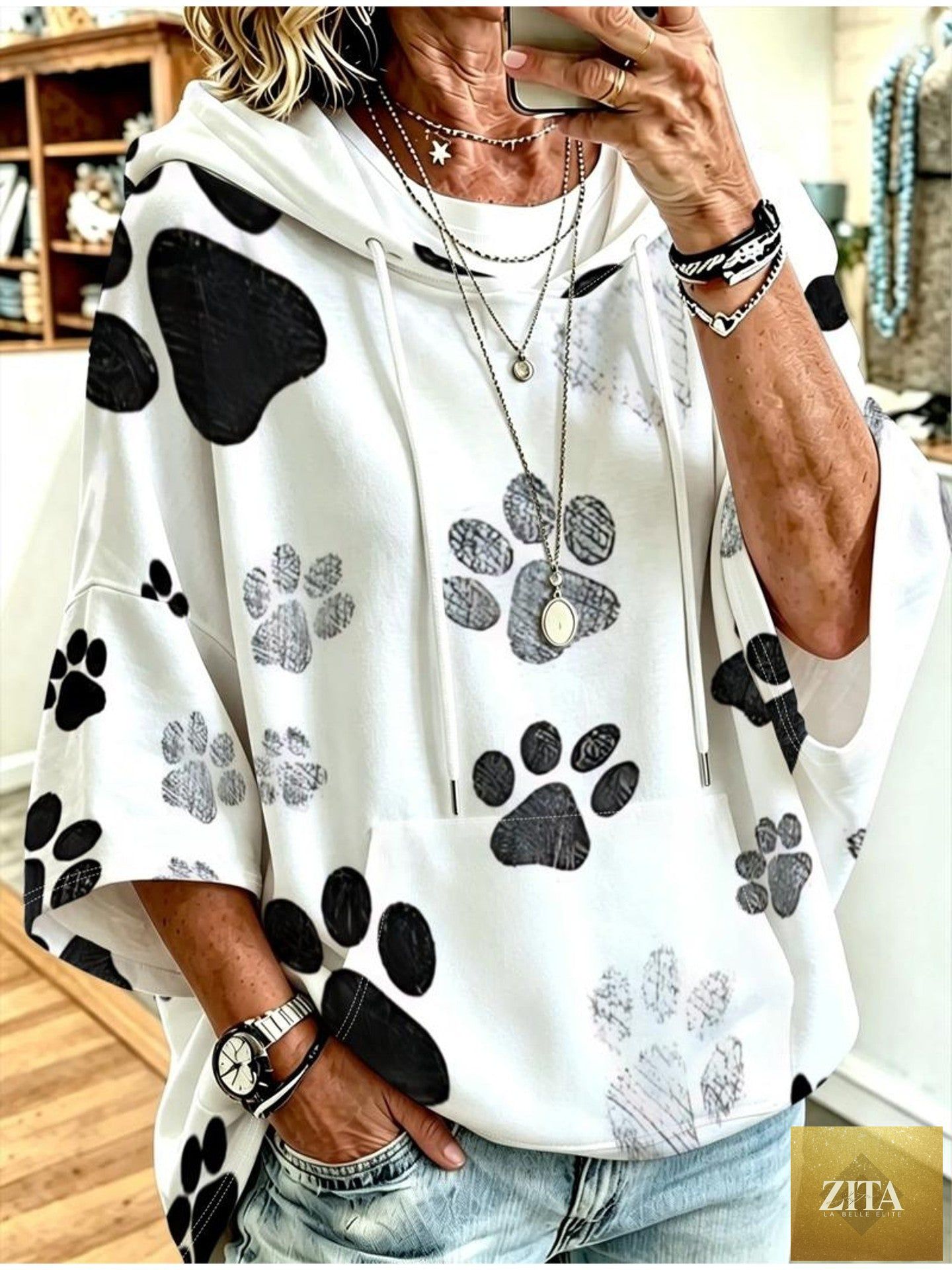 Women's Graphic Print Drawstring Hoodie – Three-Quarter Sleeves