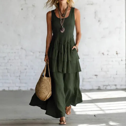 Women's cotton linen sleeveless loose maxi dress from FitiqueFit, shown in a casual, comfortable fit with a flowy silhouette.