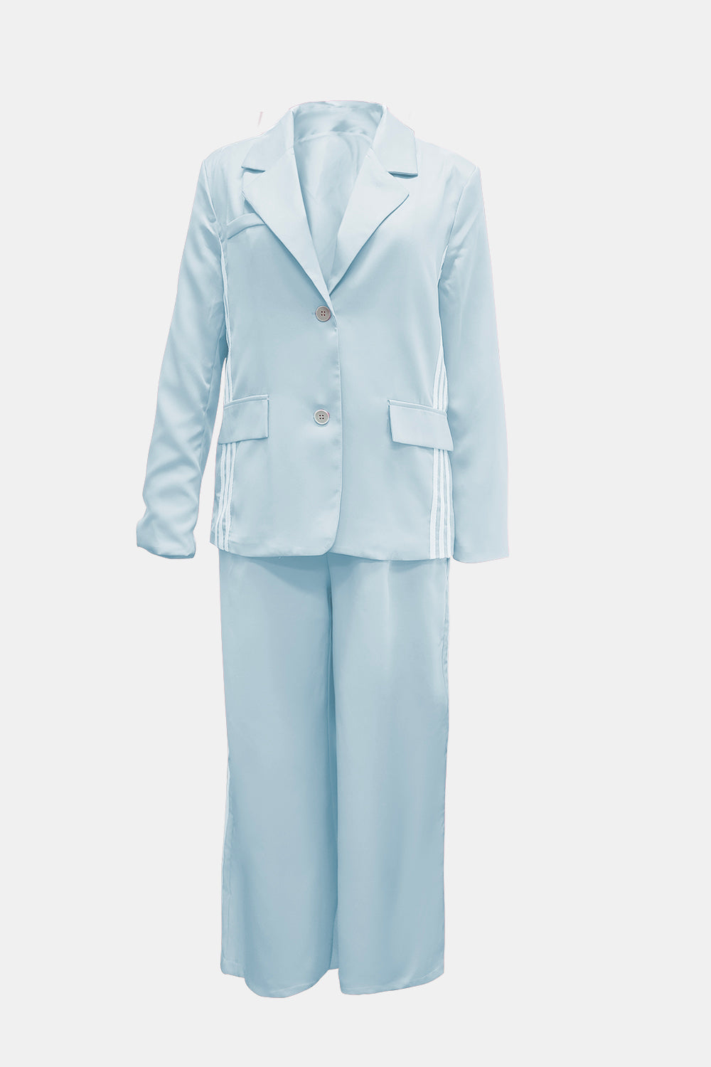 Wild and Free Boutique side striped long sleeve blazer and matching pants set, stylish jumpsuit with vertical stripe pattern.