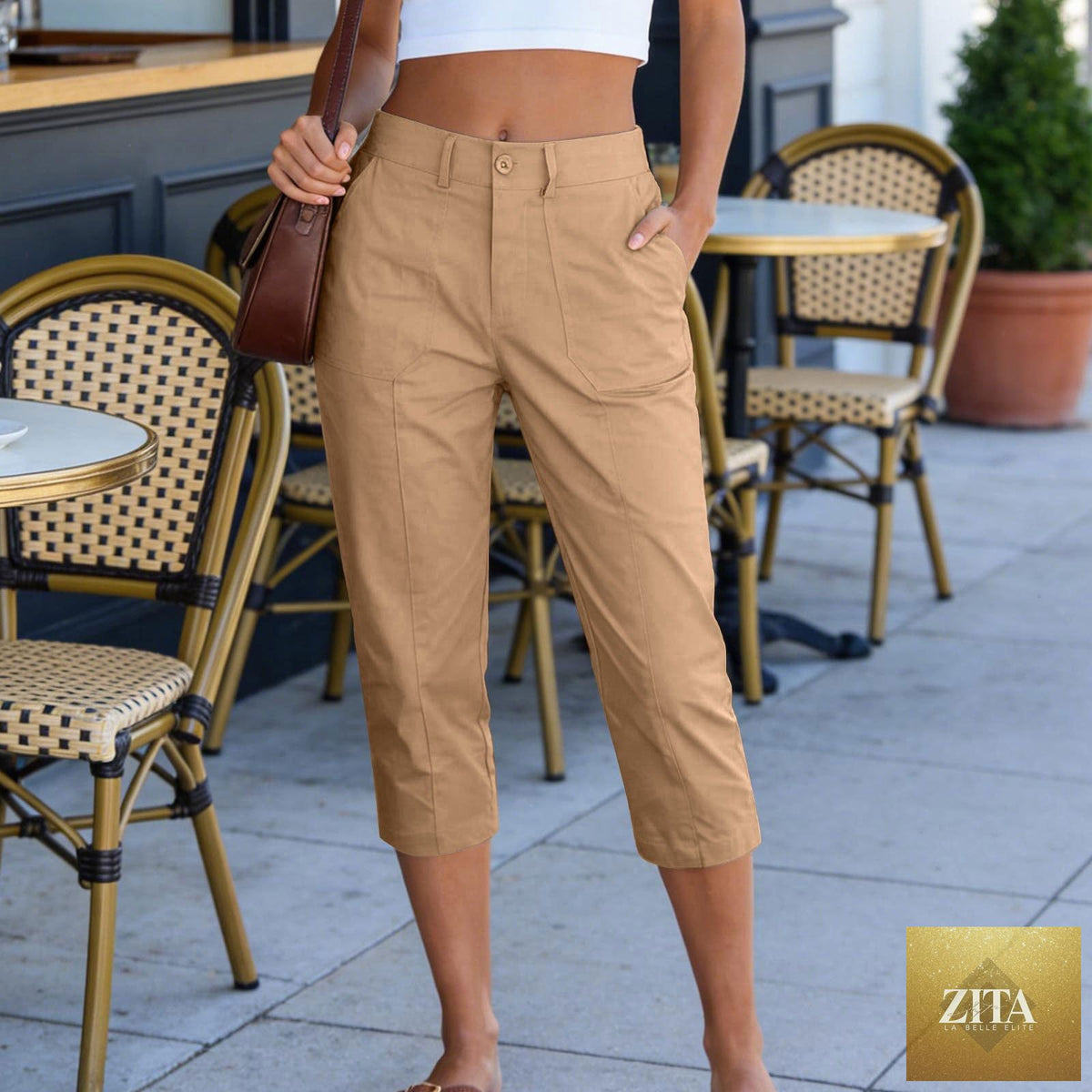Women's solid color high waist cargo capris with patch pockets, casual summer cropped pants by Sell My Stuff.