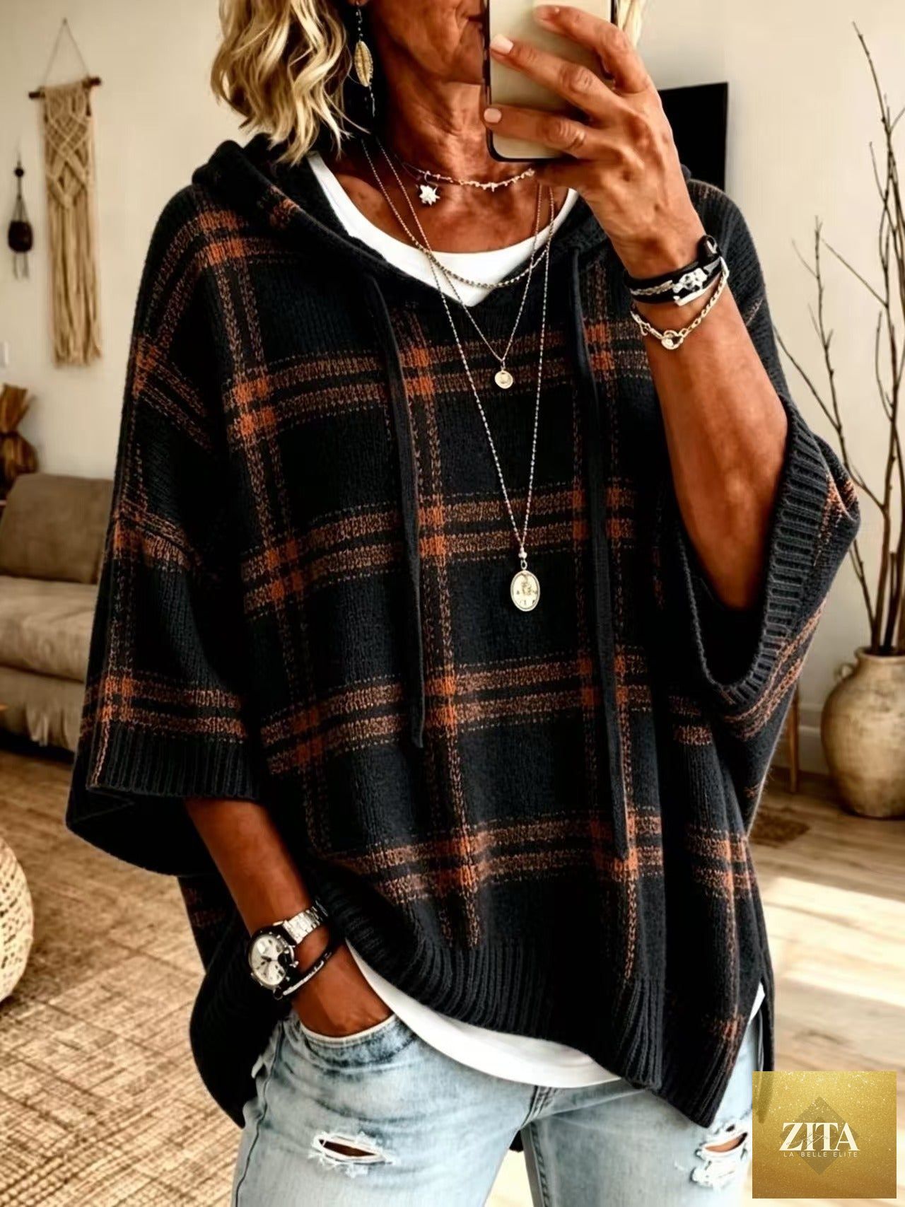 Plaid Knit Hooded Batwing Sweater