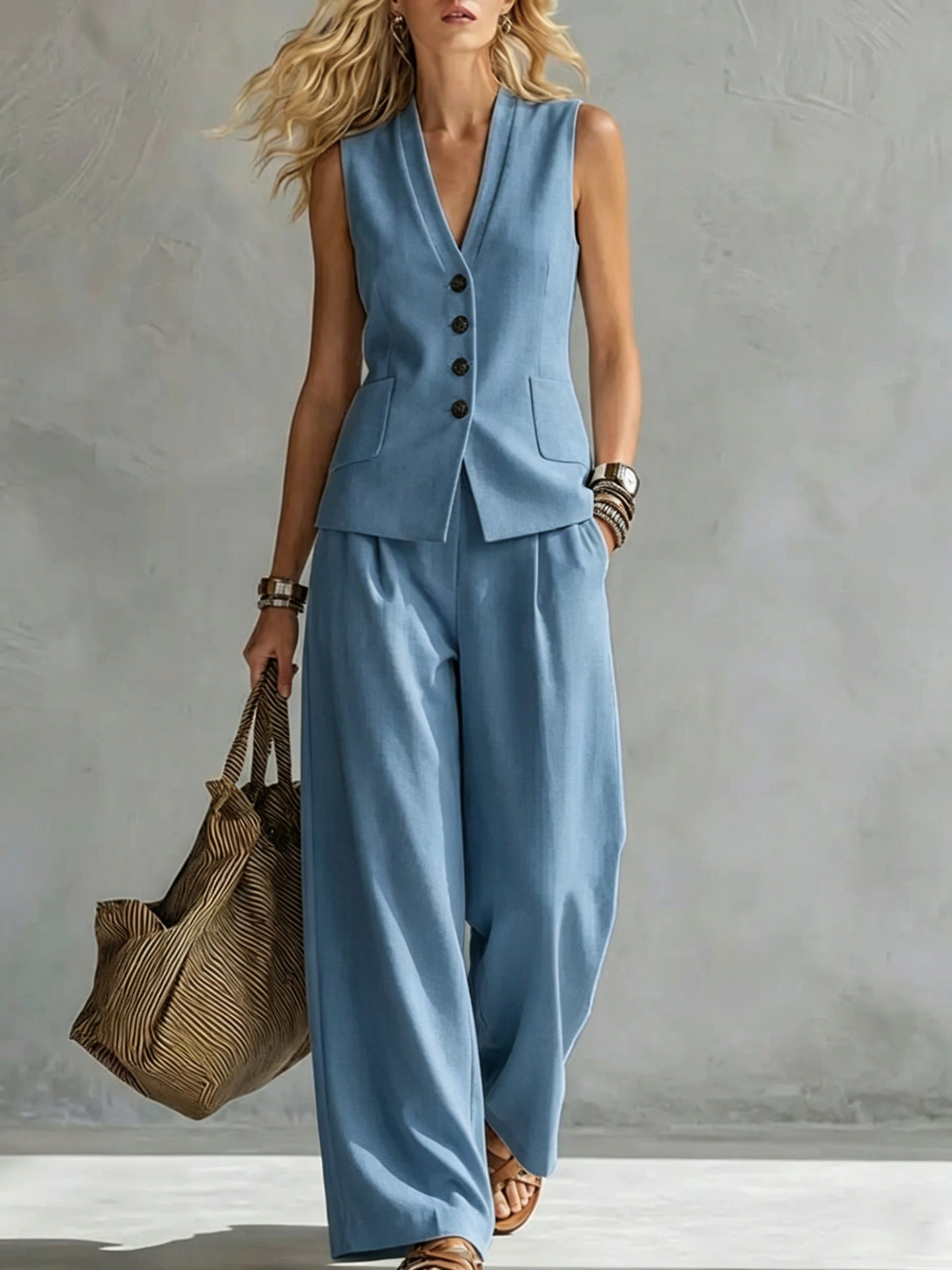 Women's solid linen sleeveless tank top and full-length pants set by FitiqueFit, casualwear outfit, natural fabric and relaxed fit.