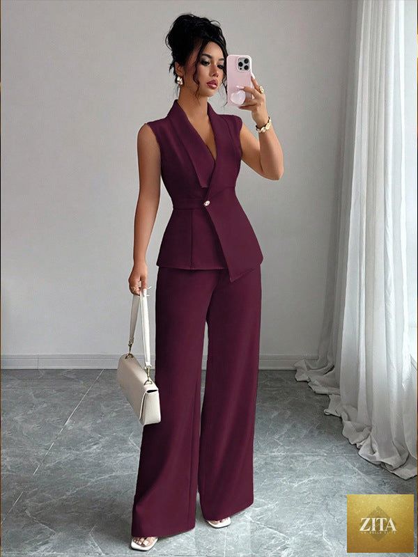 Women's MERIDGE peplum sleeveless blazer and wide-leg pants two-piece set, featuring a stylish blazer and matching pants.