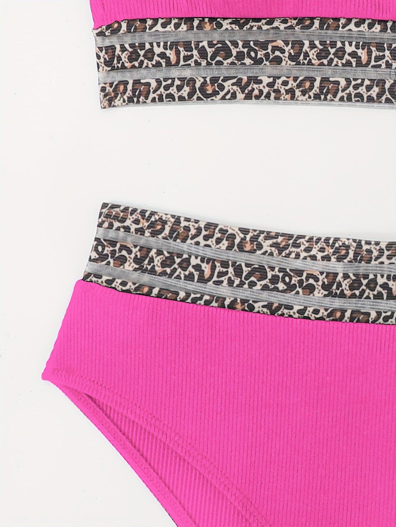 Stevvex leopard print high waist bikini set with bandeau top, mesh details, and flattering fit for beach and poolside summer wear.