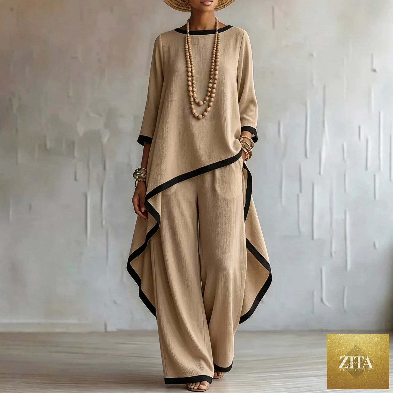 Women's Asymmetric Linen Tunic & Wide-Leg Pants Set