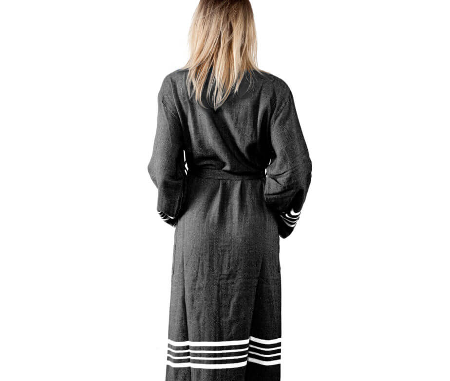 Black organic Turkish cotton kimono bathrobe by Buldano, lightweight spa and home Turkish towel robe, soft and absorbent fabric.