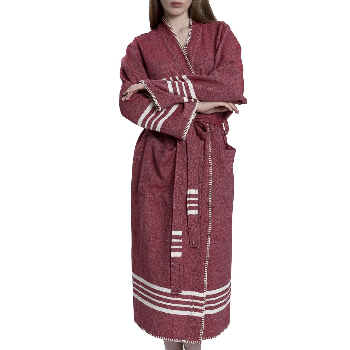 Buldano organic Turkish cotton kimono bathrobe in burgundy, lightweight spa and home robe with Turkish towel texture.