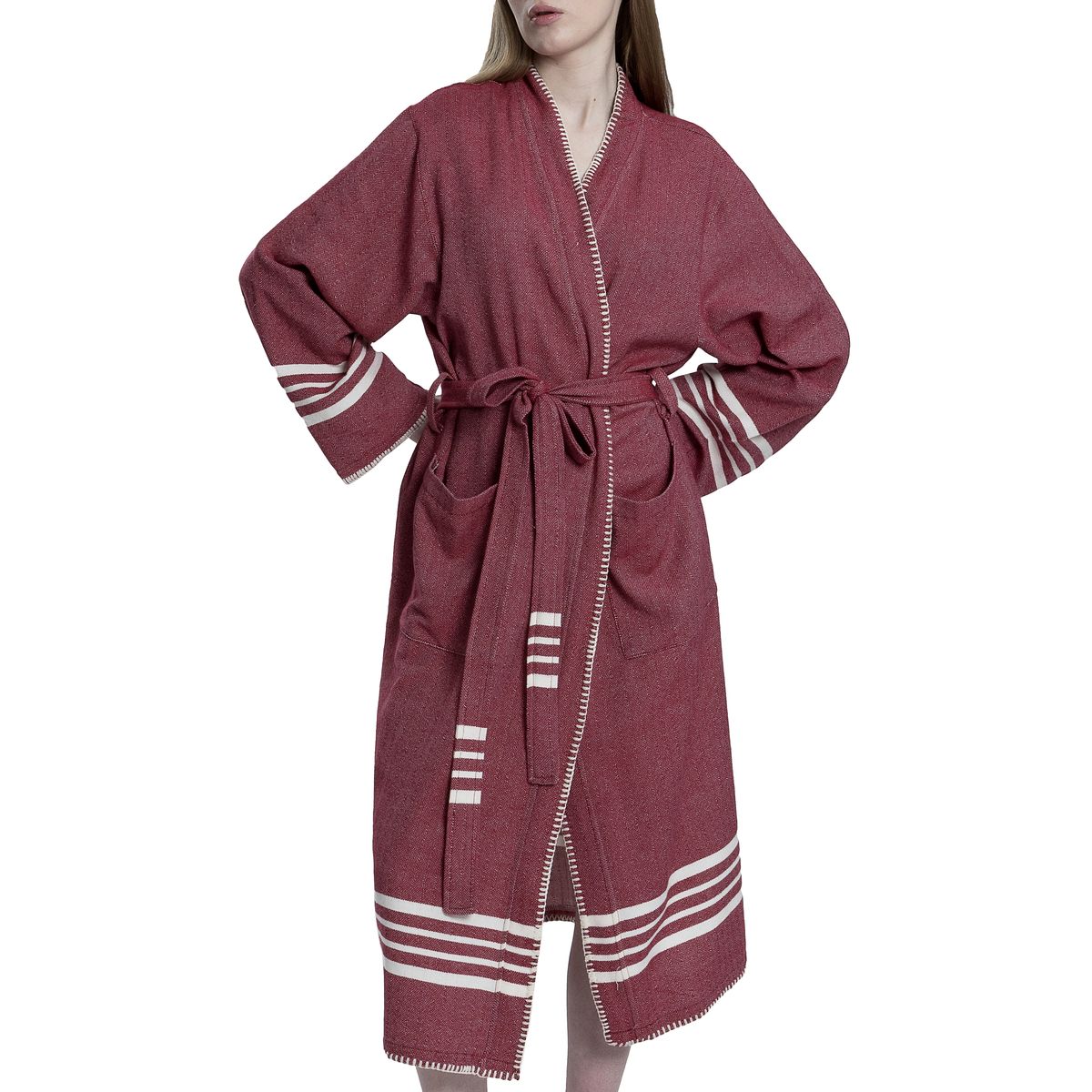 Buldano burgundy organic Turkish cotton kimono bathrobe draped on a hanger, showcasing its lightweight spa and home towel design.