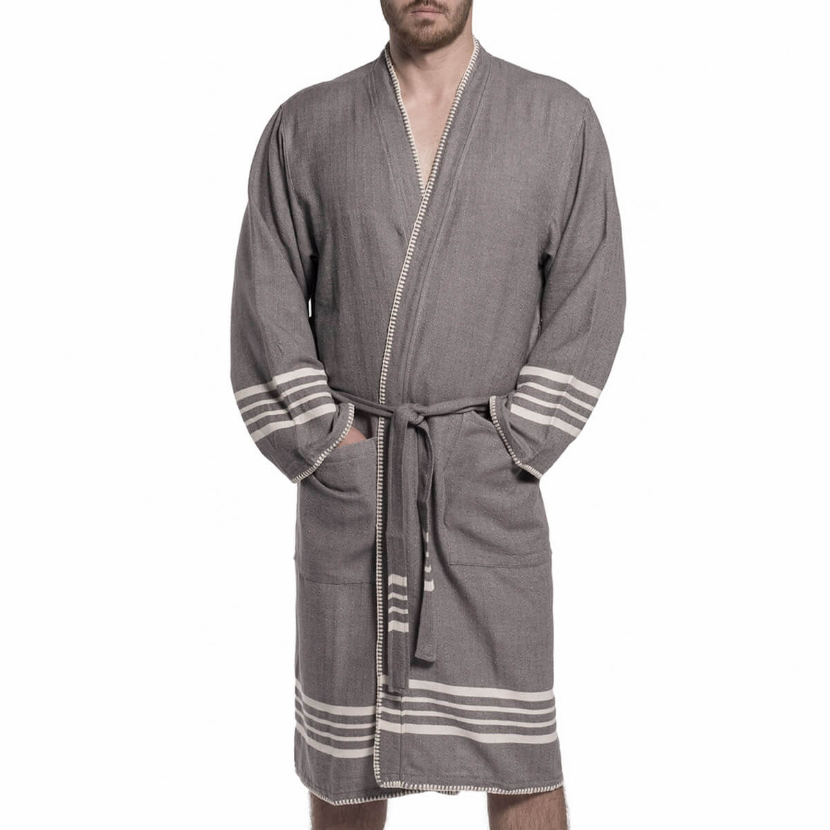 Dark grey organic Turkish cotton kimono bathrobe from buldano, lightweight spa and home robe with soft, absorbent Turkish towel fabric.