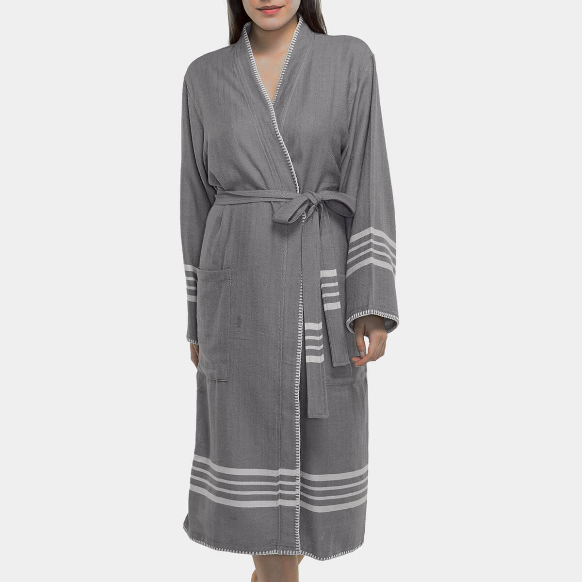 Dark grey organic Turkish cotton kimono bathrobe by buldano, lightweight spa and home Turkish towel robe with soft, absorbent fabric.