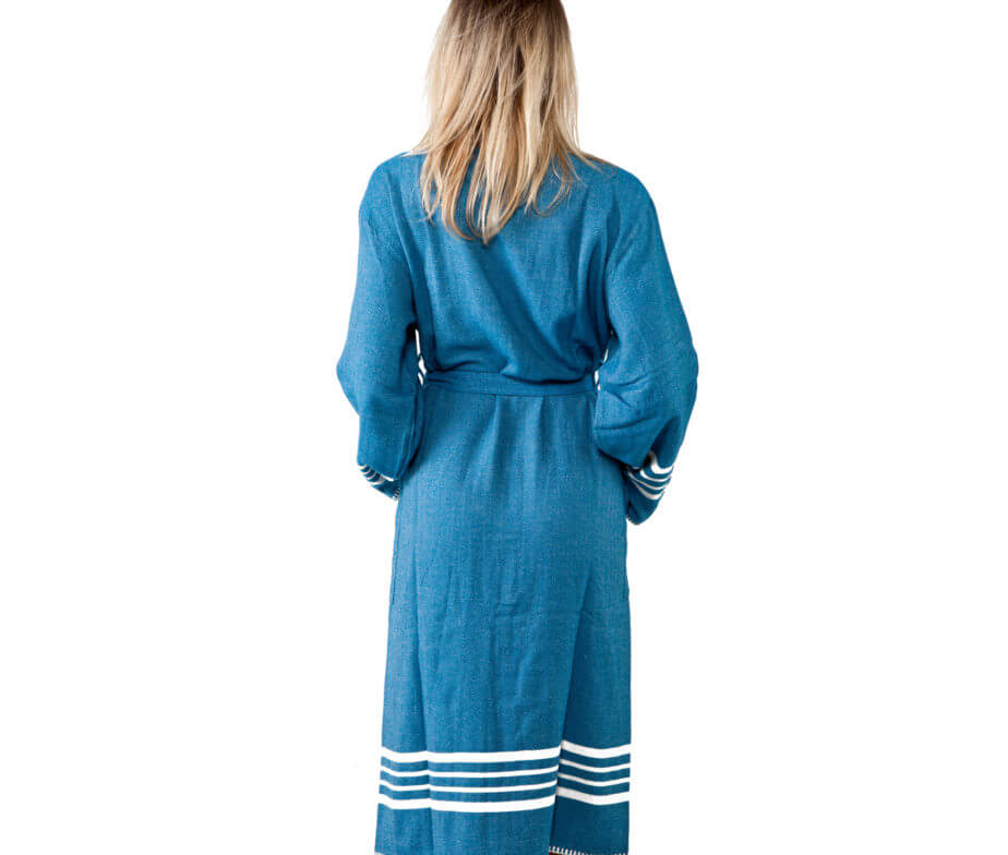 Turkish Buldano organic cotton kimono bathrobe in petrol, lightweight spa and home robe made from Turkish towel fabric.