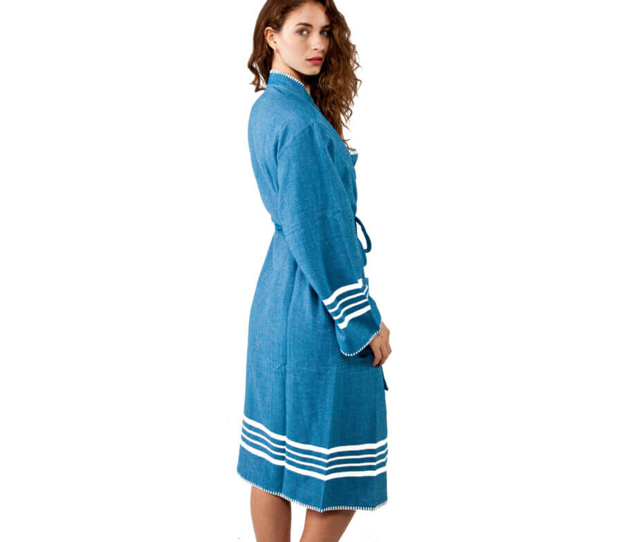 Turkish Turkish Cotton Kimono Bathrobe by buldano, lightweight spa and home robe with a soft, textured texture in petrol color.