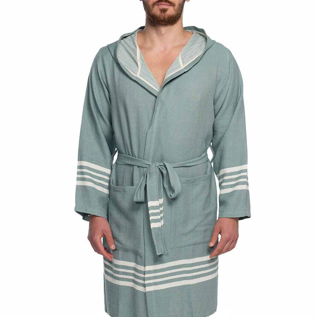 Organic Turkish cotton short bathrobe with hood from buldano, lightweight Turkish towel robe for men, soft and absorbent.