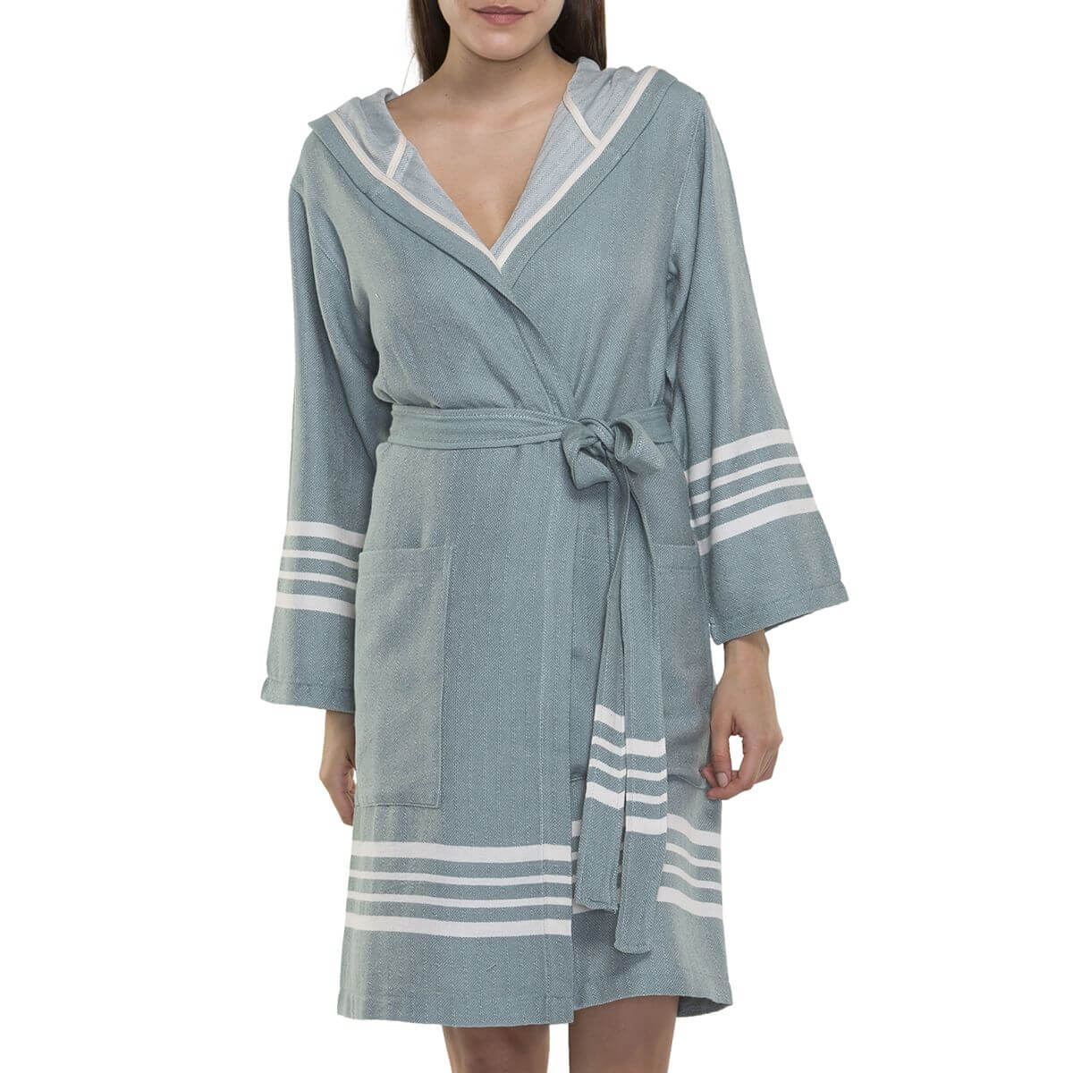 Organic Turkish cotton short bathrobe with hood by buldano, lightweight Turkish towel robe for women, soft and absorbent fabric.