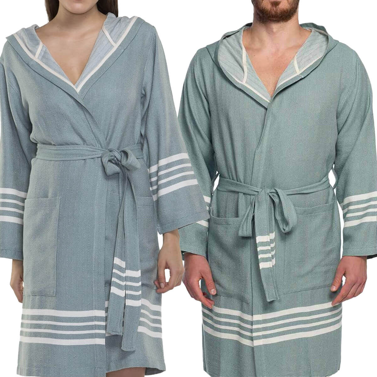 Organic Turkish cotton short bathrobe with hood from buldano, lightweight Turkish towel-style robe, shown in green.