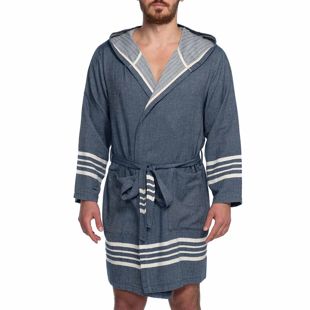 Navy organic Turkish cotton short bathrobe with hood from buldano, lightweight Turkish towel for men, soft and quick-drying.