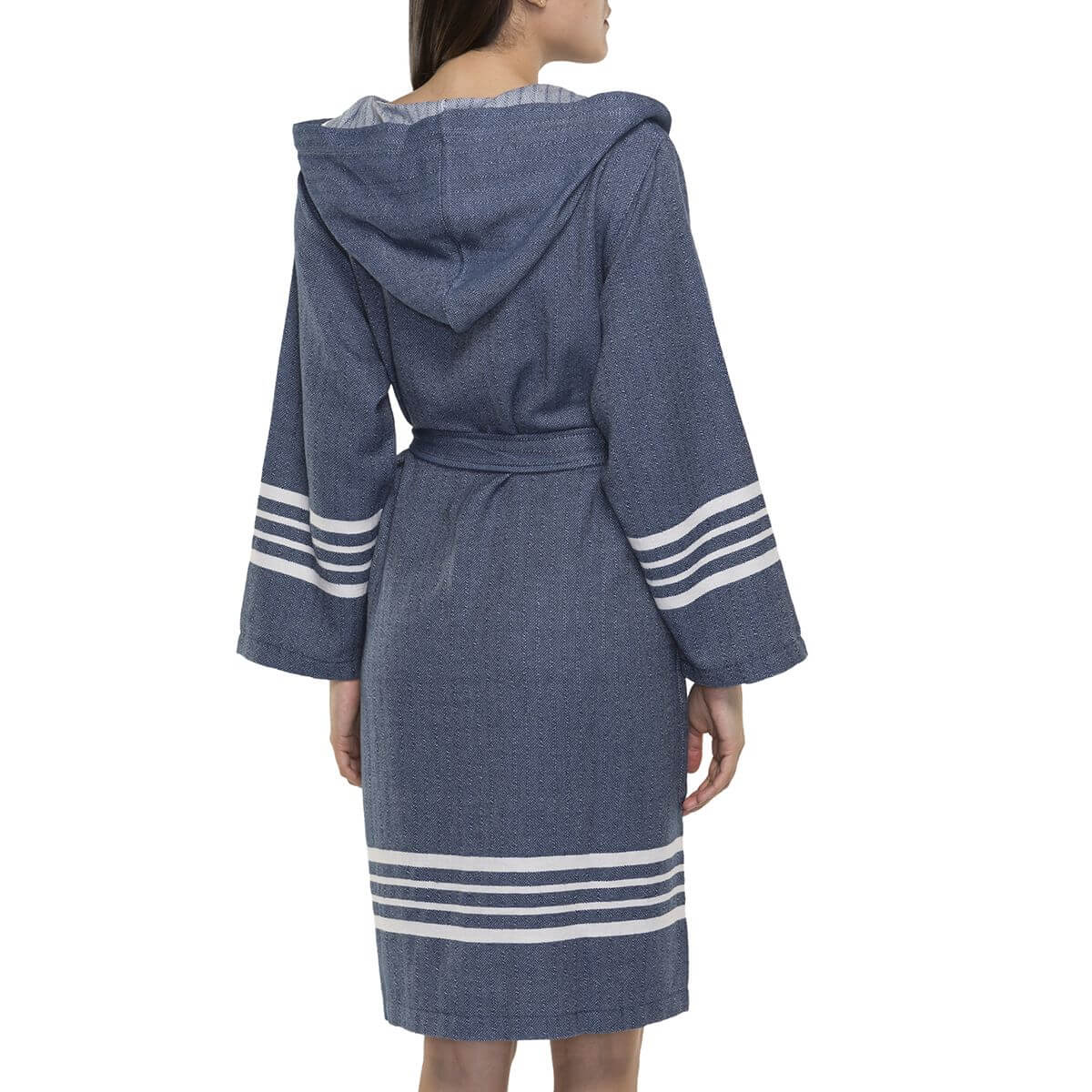 Navy organic Turkish cotton short bathrobe with hood, lightweight Turkish towel robe for women by buldano, soft and breathable fabric.