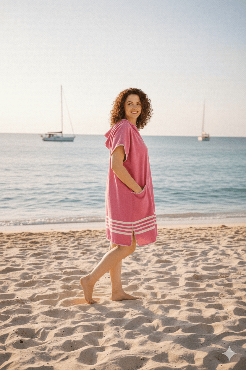 Fuschia buldano beach cover-up poncho with hood, lightweight and stylish for seaside wear, featuring a relaxed fit and vibrant color.