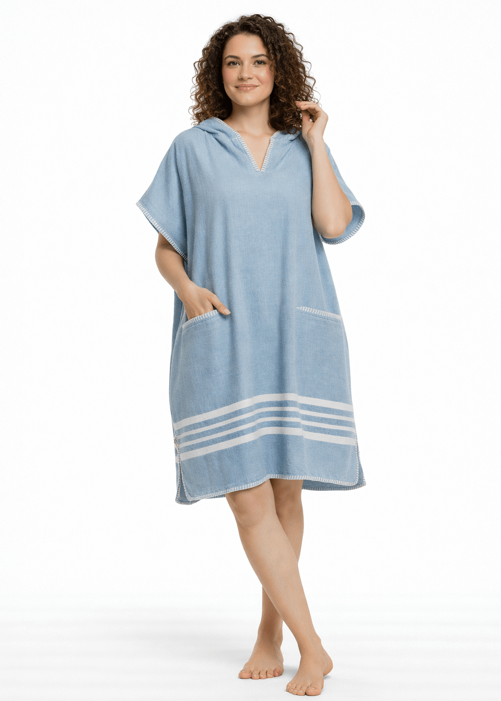 Light blue buldano beach cover-up poncho with hood, featuring a relaxed fit and lightweight fabric for comfortable seaside wear.