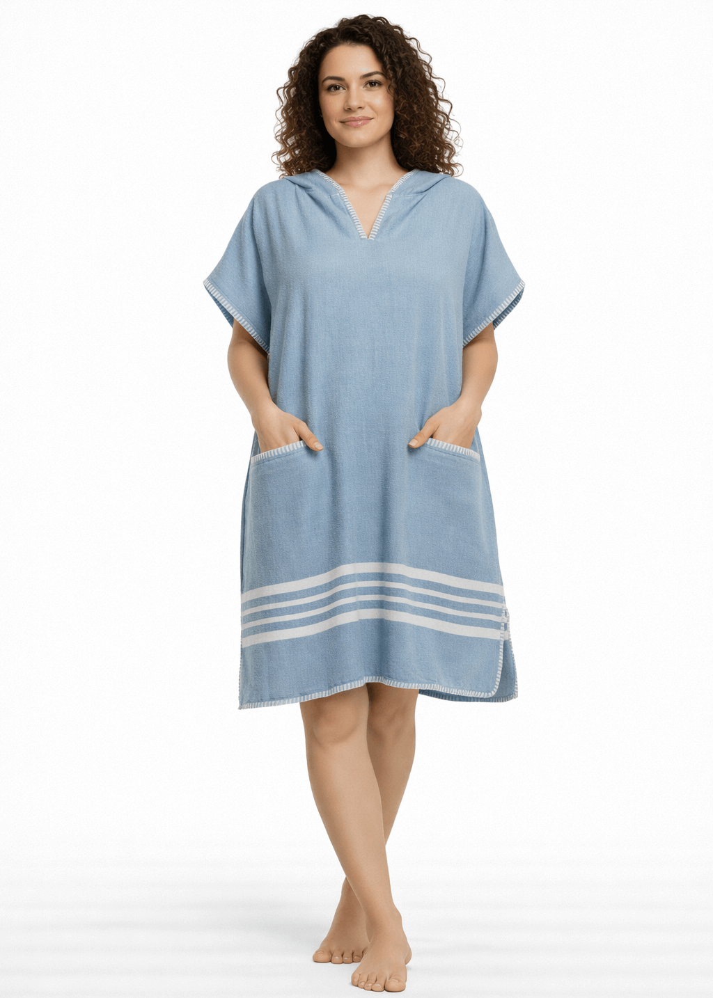 Light blue Buldano beach cover-up poncho with hood, featuring a relaxed fit and casual style for beach or poolside wear.
