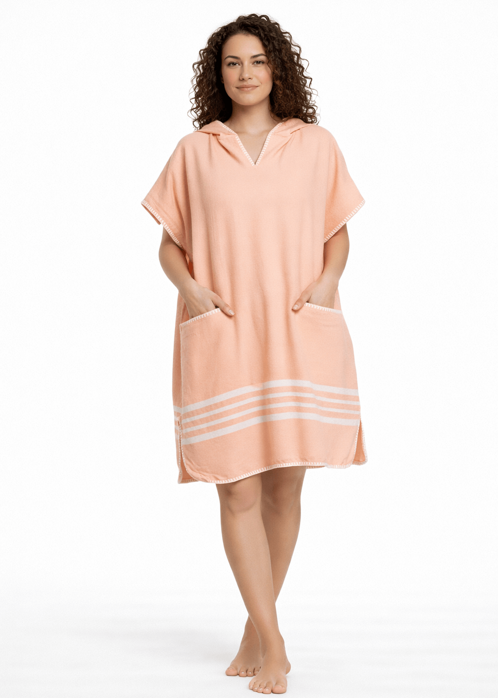 Buldano beach cover-up poncho with hood, melon-colored lightweight fabric, casual style for beach or poolside wear