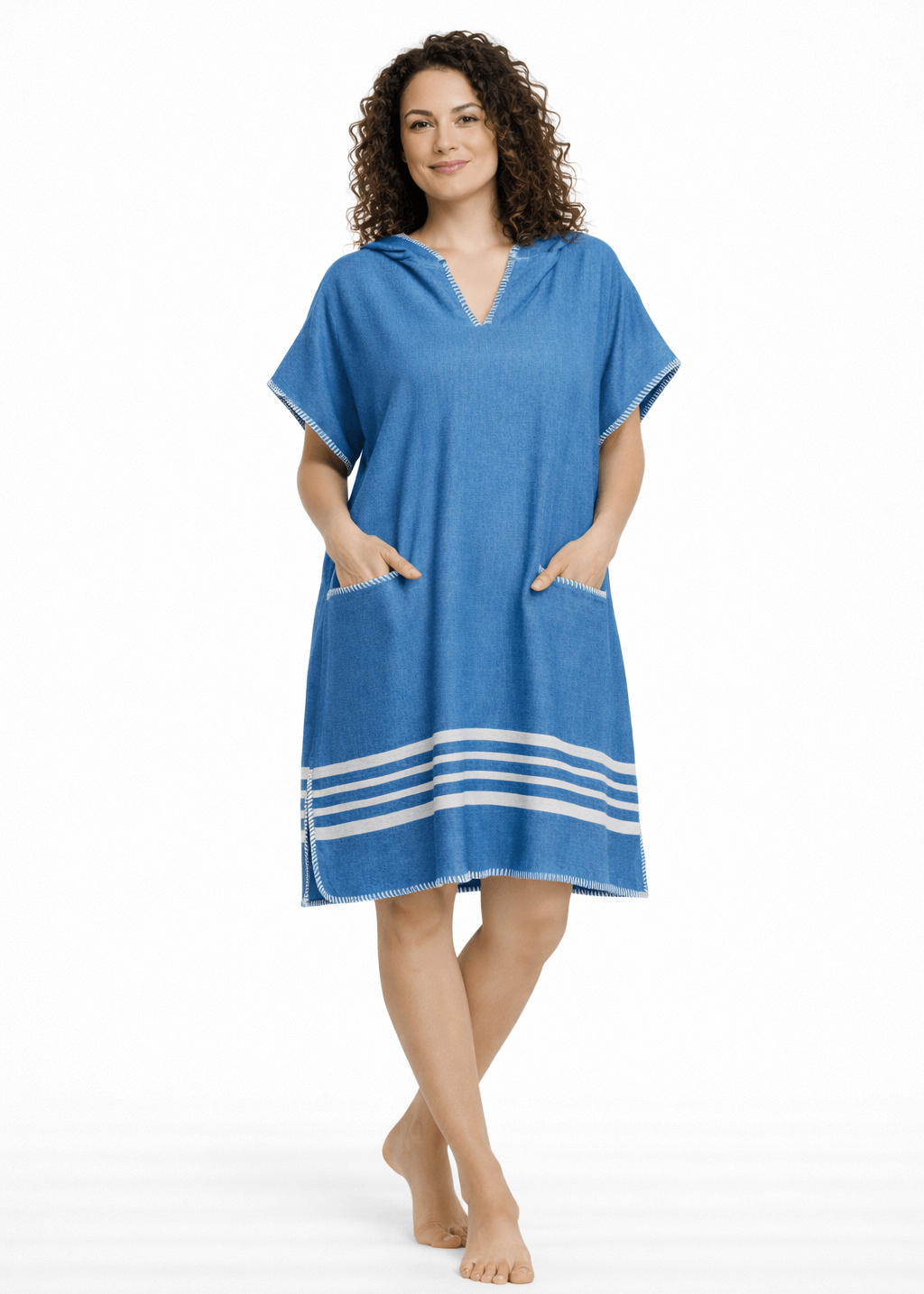 Buldano petrol blue beach cover-up poncho with hood, lightweight and comfortable for seaside and poolside wear.