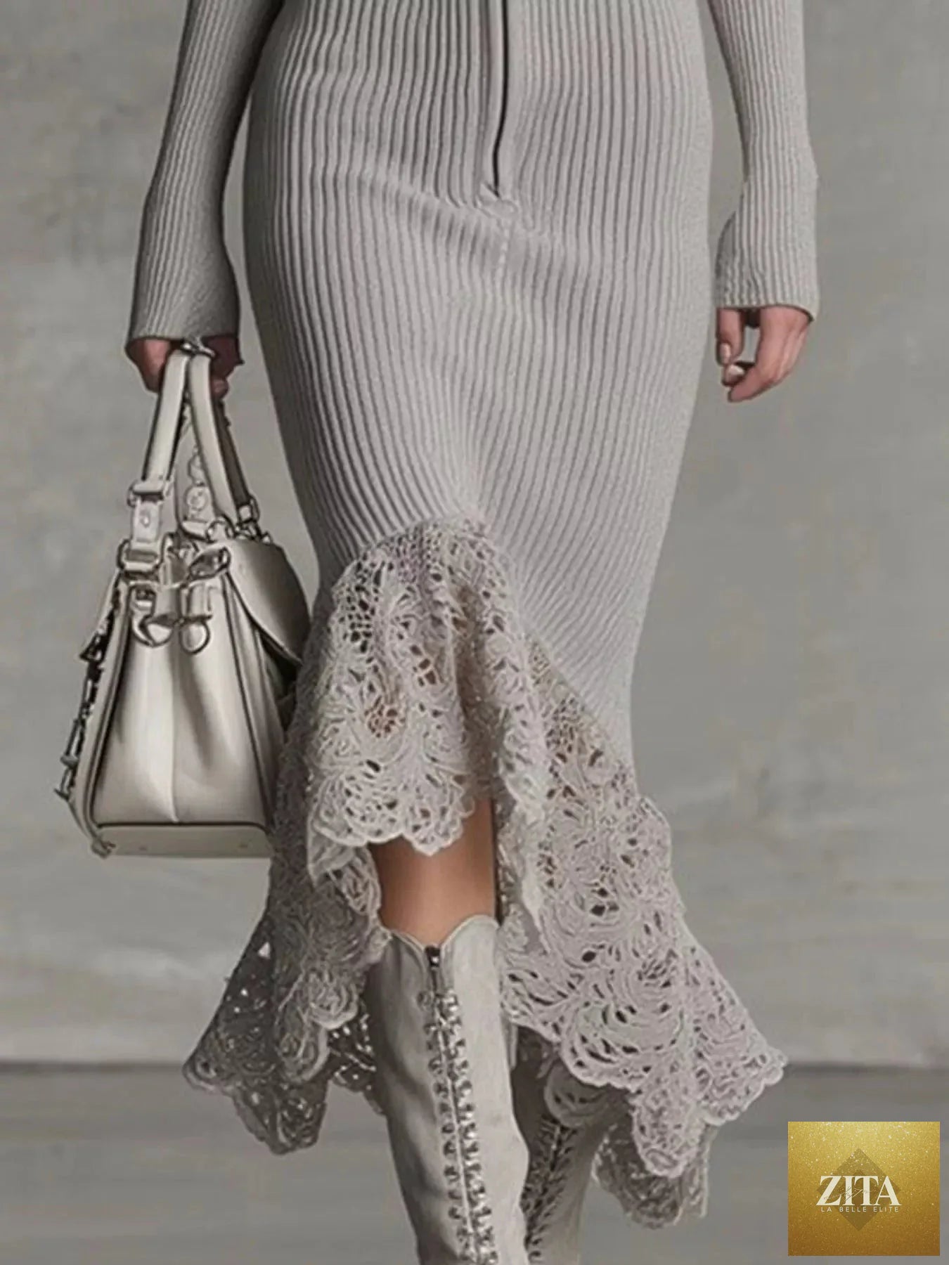 Hooded ribbed knit midi dress with lace hem from Shopiebay, featuring a cozy hood and textured knit fabric.