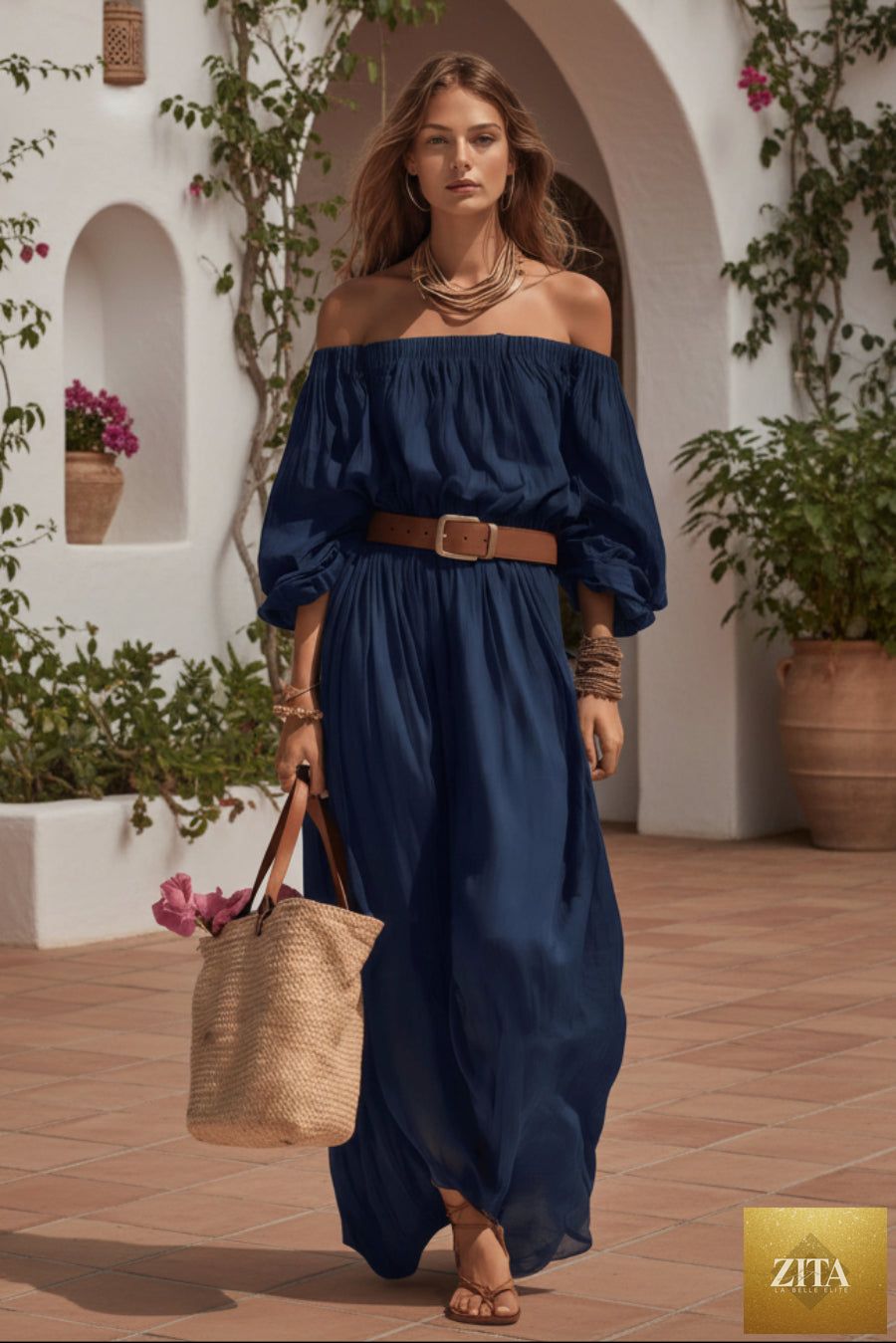 Women's off-shoulder balloon sleeve maxi dress by MERIDGE, featuring flowing fabric and a stylish off-the-shoulder neckline.