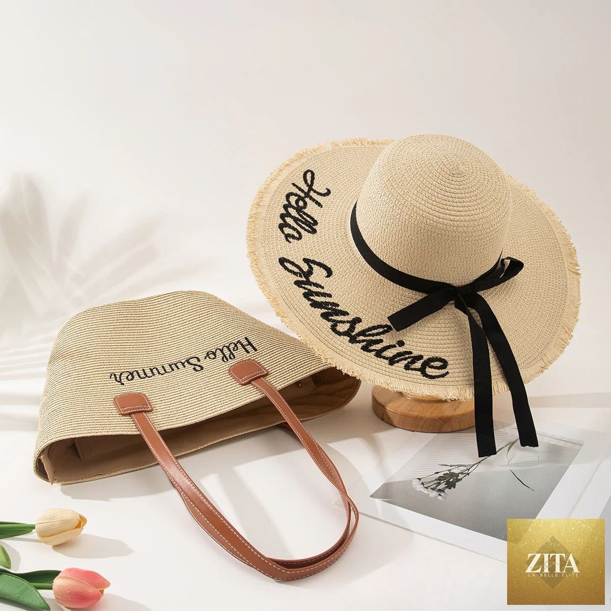 Straw Hat & Tote Set – Beach Vacation Sun Protection Duo, Large Capacity Travel Tote