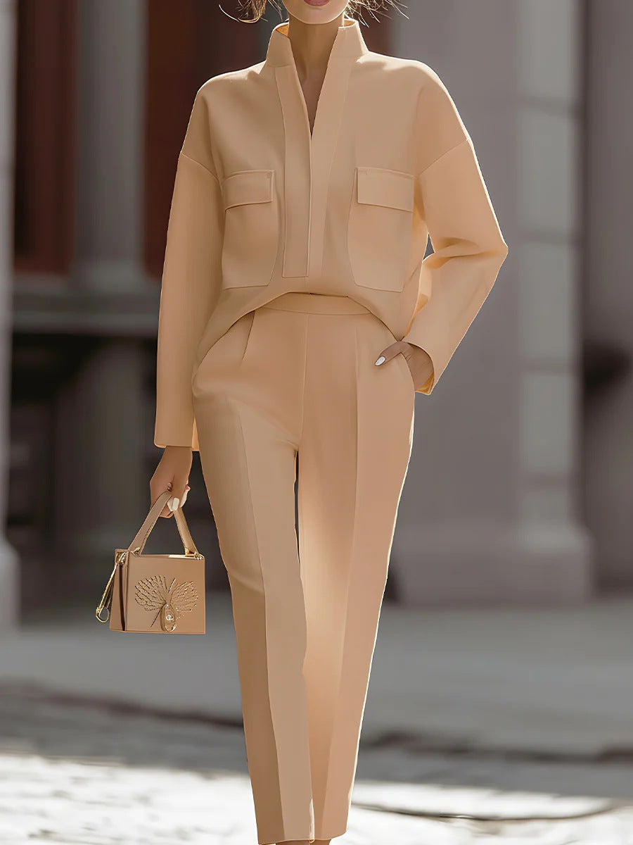 Women's casual urban commuter two-piece set by FitiqueFit, long-sleeve top and matching pants with pockets, in a stylish relaxed fit.