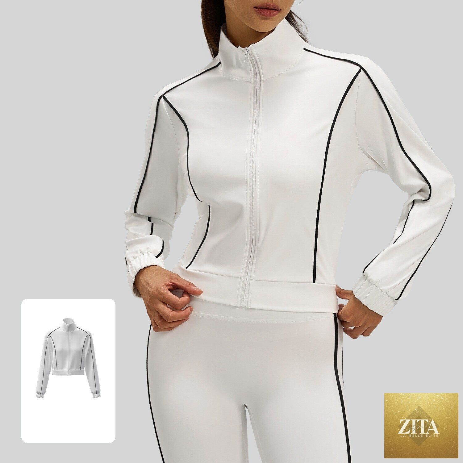 Women’s contrast stripe loose cardigan jacket by FitiqueFit, casual sports style, with color-blocked design and relaxed fit.